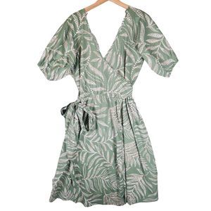 NWT Summersalt Wrap Midi Dress Womens Large Green Coastal Poplin Puff-Sleeve
